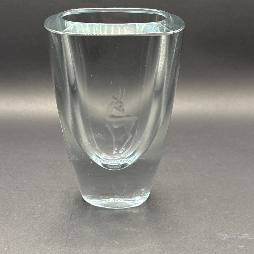 Signed Strombergshyttan Swedish Art Glass Etched Gazelle Vase B858 C705